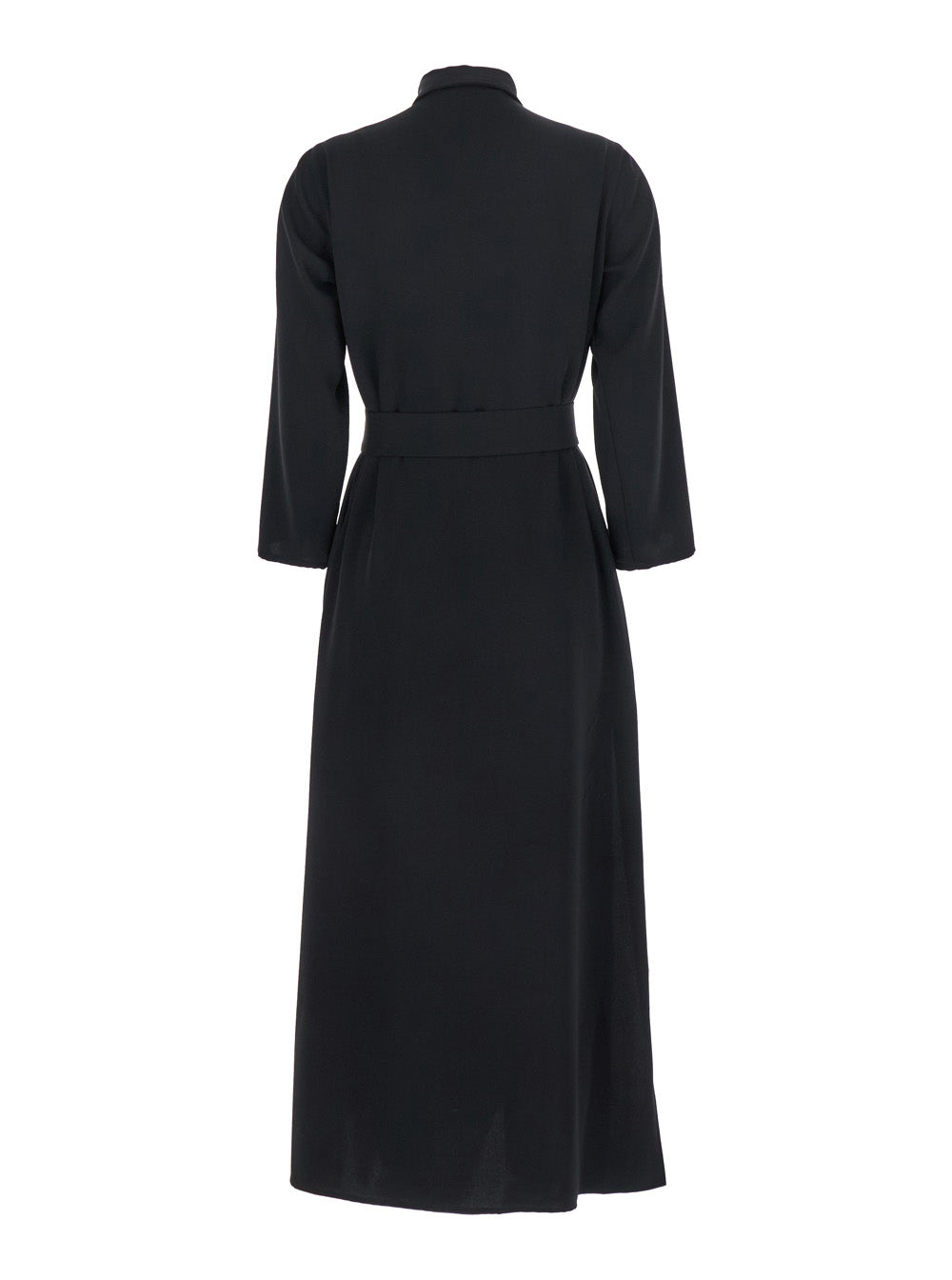 Black Long Dress With Classic Collar And Front Button Closure Fabric Woman