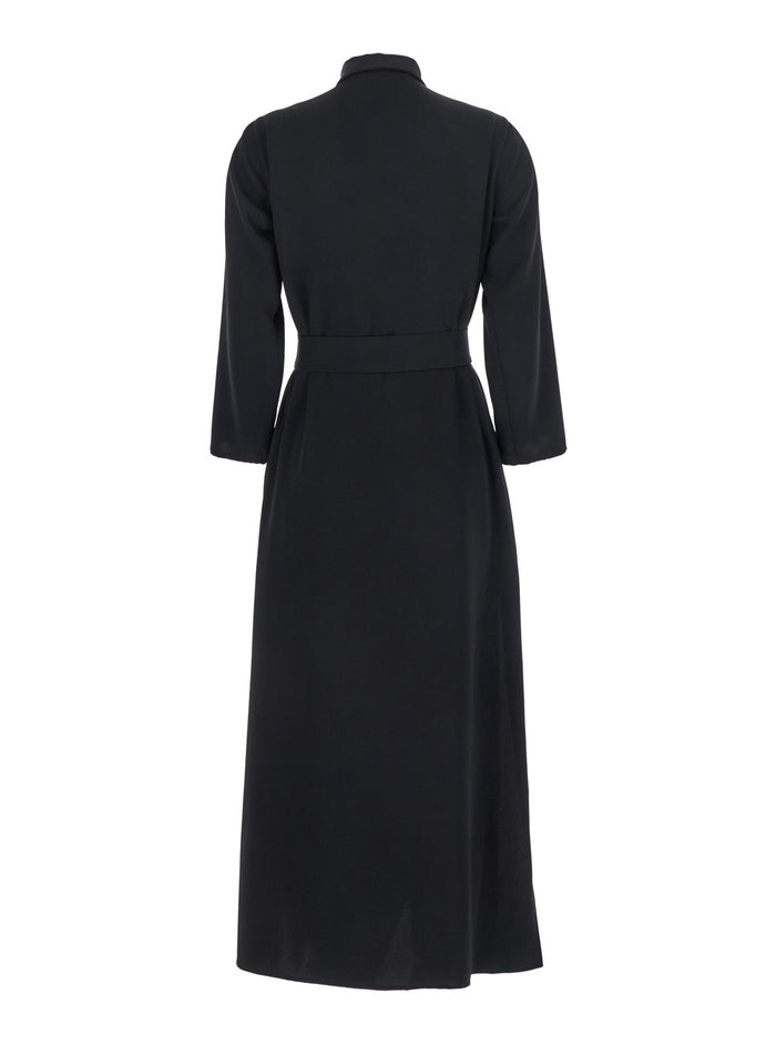 Black Long Dress With Classic Collar And Front Button Closure Fabric Woman