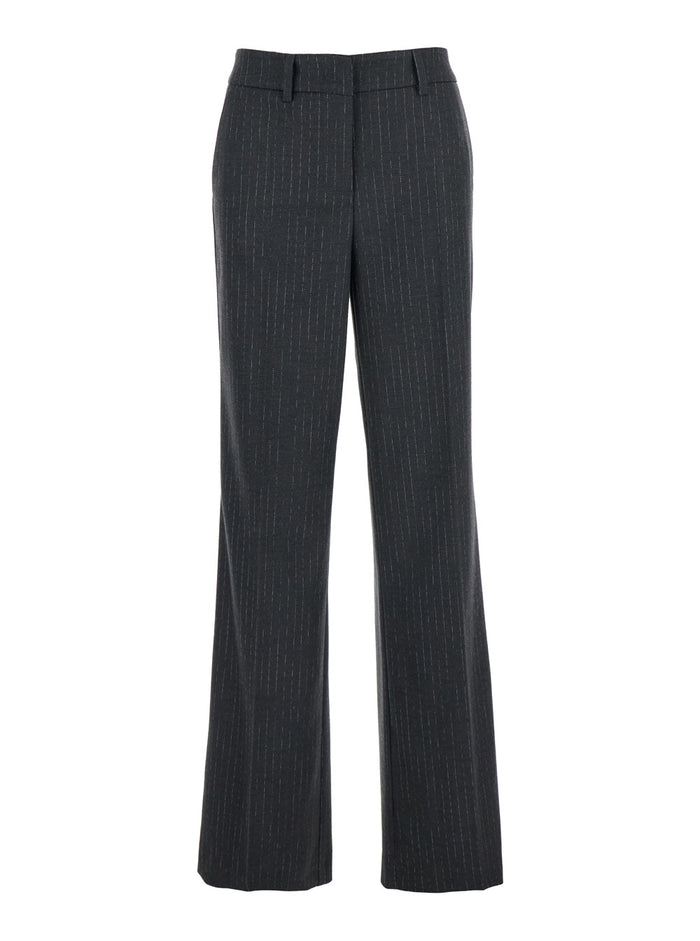 Grey Pants with Belt Loops and All-Over Striped Motif in Wool Blend Woman Polyester Viscose Elastane Trousers