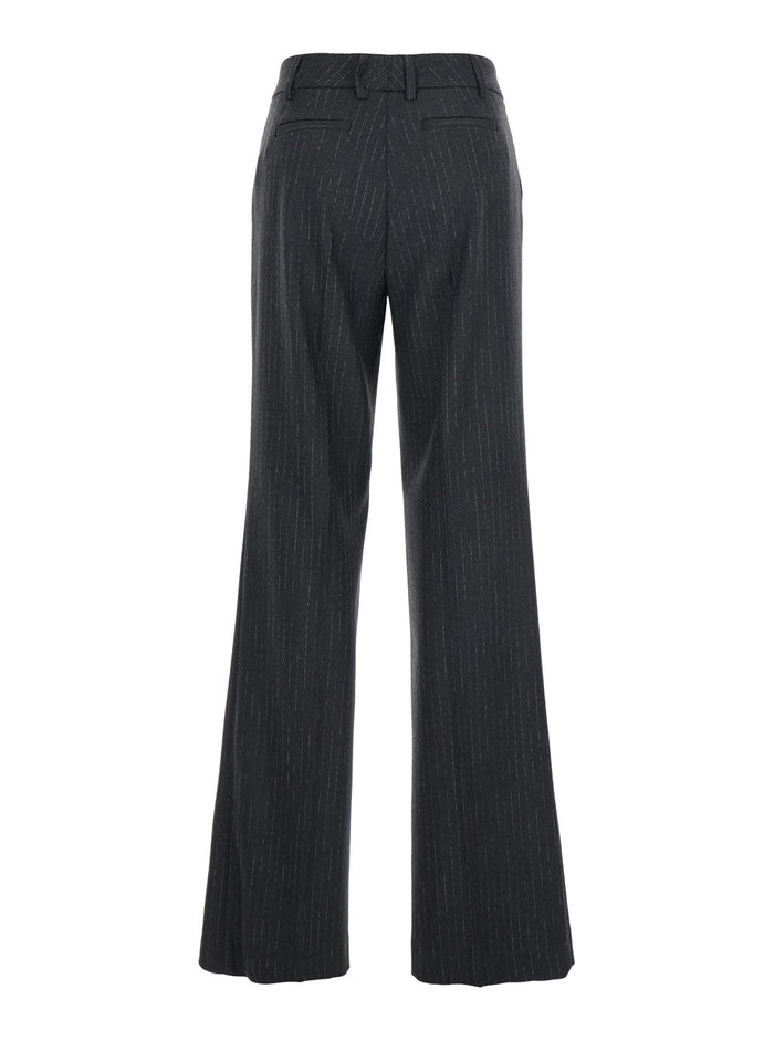 Grey Pants with Belt Loops and All-Over Striped Motif in Wool Blend Woman Polyester Viscose Elastane Trousers