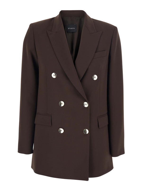 Brown Double-Breasted Wool Blend Jacket Polyester Blazers