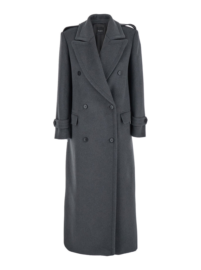 Grey Double-Breasted Coat with Wide Notched Revers in Wool Woman Polyester Outerwear