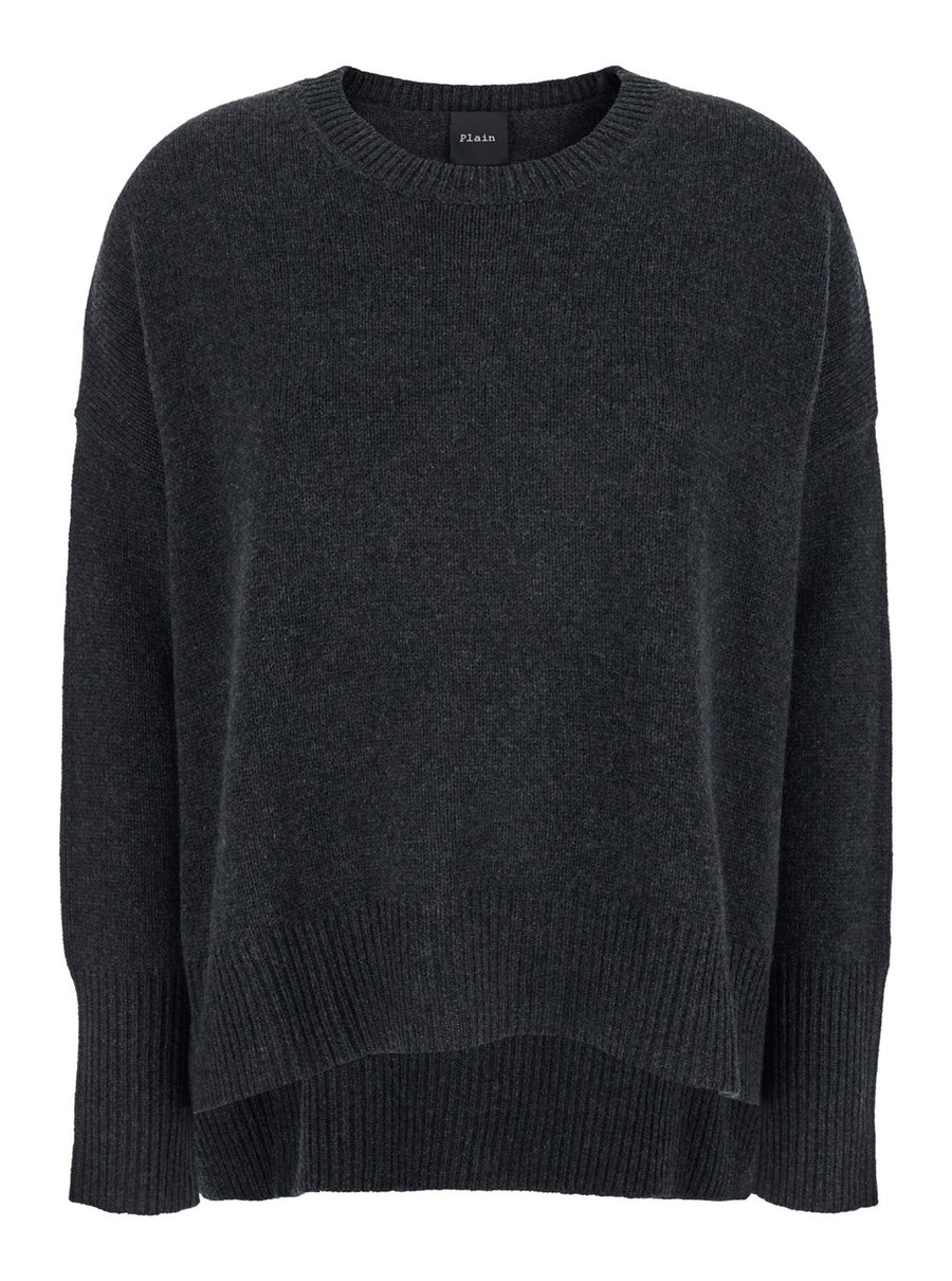 Dark Grey Oversized Cashmere Crewneck Sweater Tops