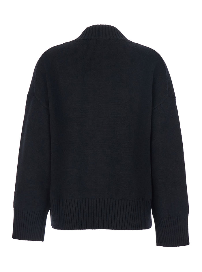 Black Turtleneck Sweater with Dropped Shoulder in Cashmere Woman Jersey
