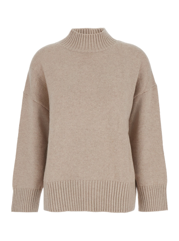Beige Turtleneck Sweater with Dropped Shoulder in Cashmere Woman Jersey