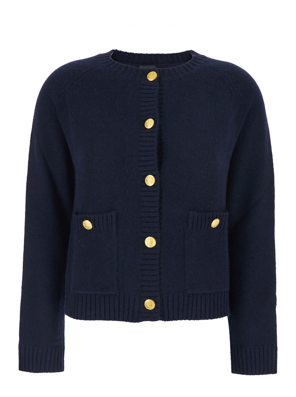 Blue Crewneck Cardigan with Jewel Buttons and Two Front Patch Pockets in Wool Woman Blu Cashmere Jersey