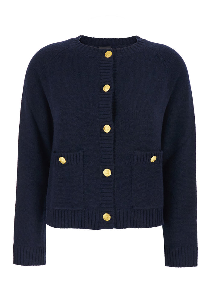 Blue Crewneck Cardigan with Jewel Buttons and Two Front Patch Pockets in Wool Woman Blu Cashmere Jersey