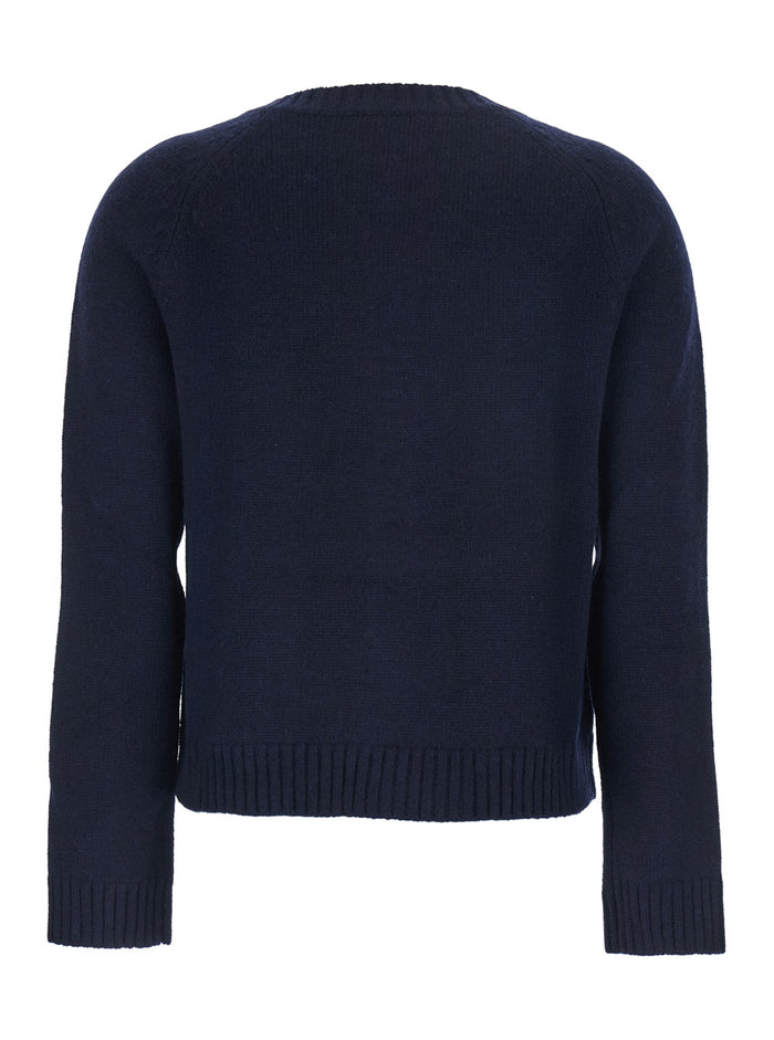 Blue Crewneck Cardigan with Jewel Buttons and Two Front Patch Pockets in Wool Woman Blu Cashmere Jersey