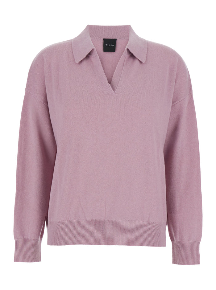 Pnik Sweater with Polo-Style Collar and V-Neck in Cashmere Woman Pink Jersey