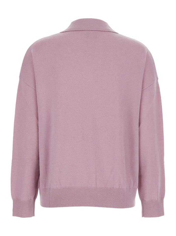 Pnik Sweater with Polo-Style Collar and V-Neck in Cashmere Woman Pink Jersey