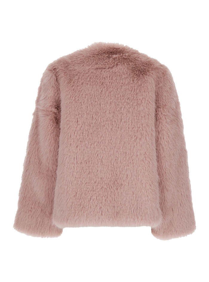 Pink Crewneck Fur Jacket with Concealed Front Closure in Ecofur Woman Fake Fox Shearling And Furs