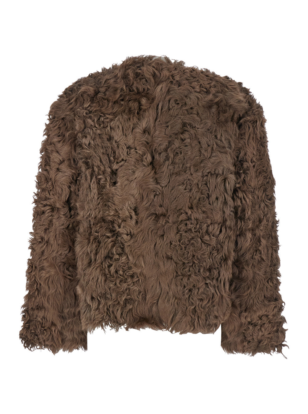 Brown Collarless Fur Jacket with Front Toggle Closure in Woman Hu Lamb Curly Shearling And Furs