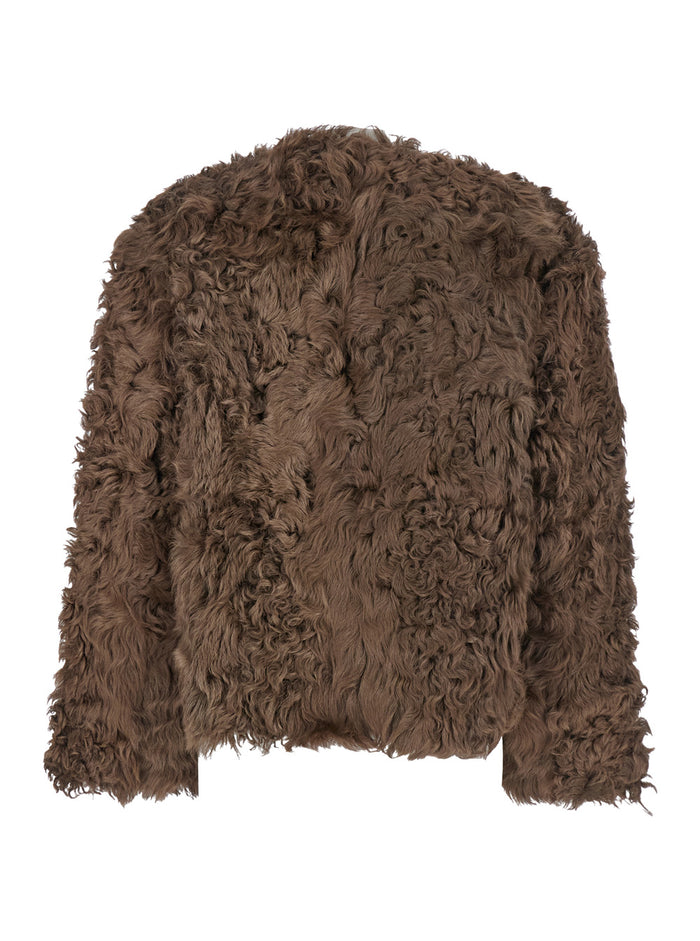 Brown Collarless Fur Jacket with Front Toggle Closure in Woman Hu Lamb Curly Shearling And Furs