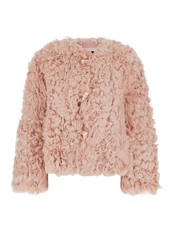Pink Collarless Fur Jacket with Front Toggle Closure in Woman Hu Lamb Curly Shearling And Furs