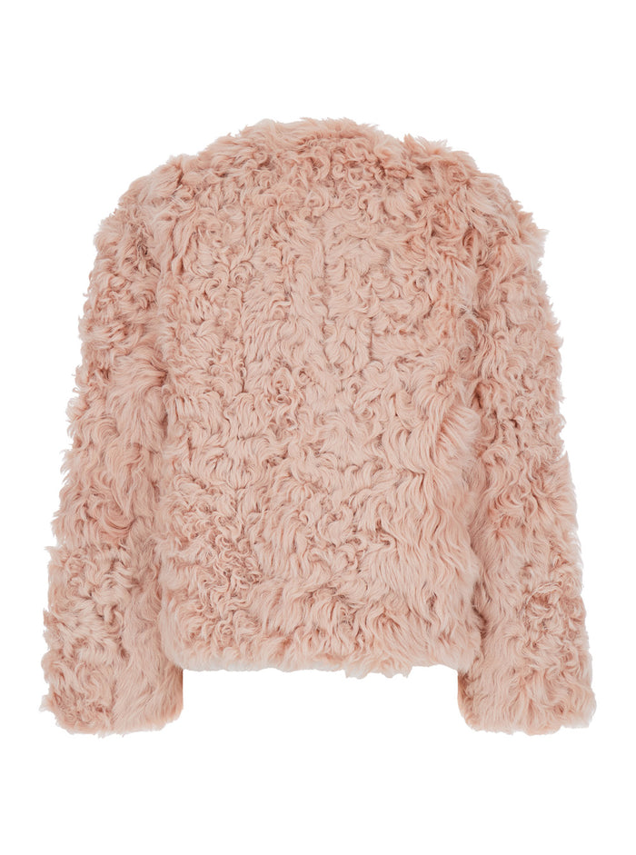 Pink Collarless Fur Jacket with Front Toggle Closure in Woman Hu Lamb Curly Shearling And Furs