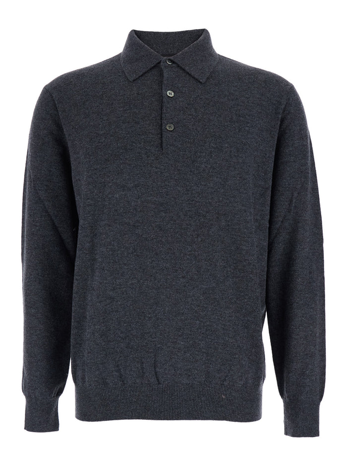 Grey Sweater with Polo Shirt Style Collar and Long Sleeves in Wool Blend Man Cashmere Jersey
