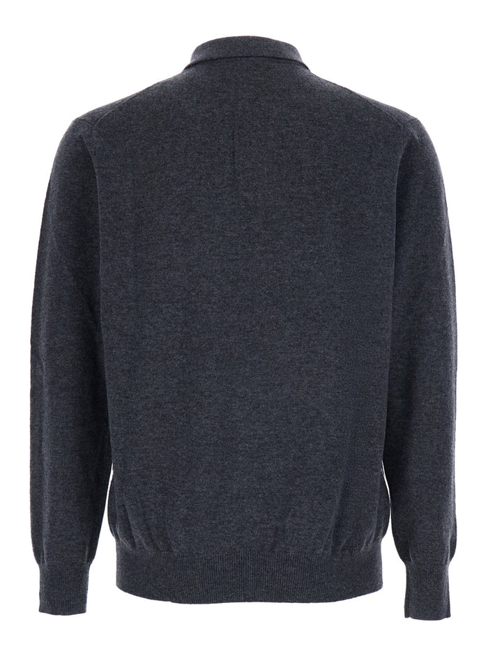 Grey Sweater with Polo Shirt Style Collar and Long Sleeves in Wool Blend Man Cashmere Jersey