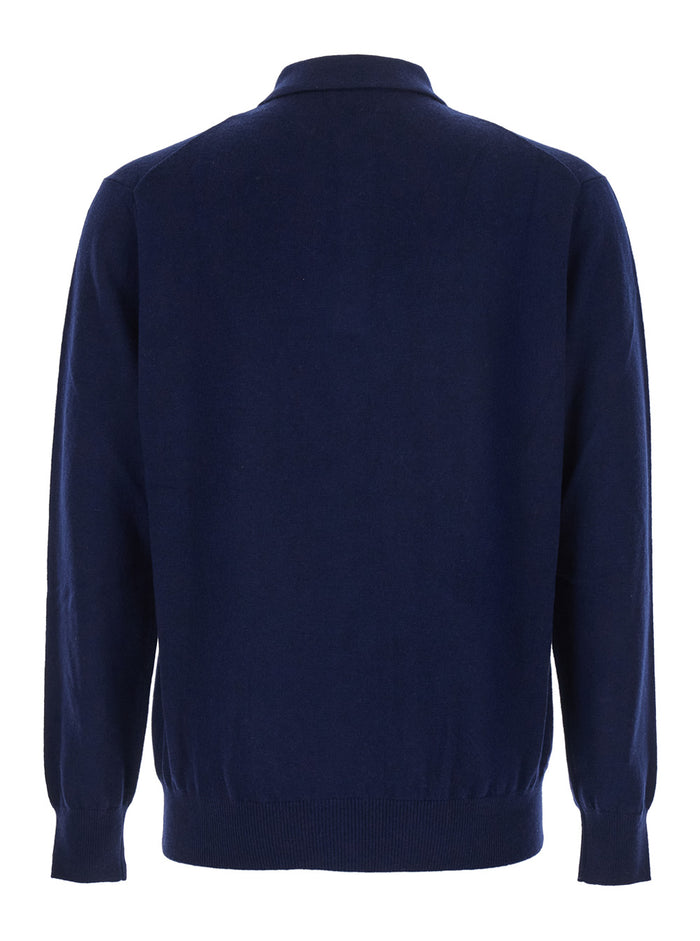 Blue Sweater with Polo Shirt Style Collar and Long Sleeves in Wool Blend Man Blu Cashmere Jersey