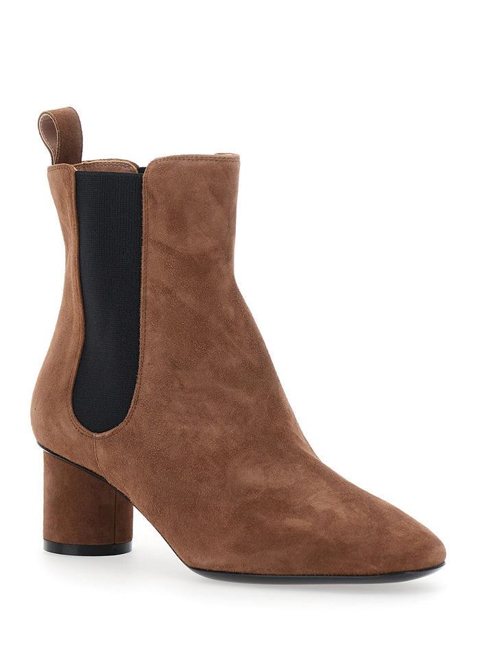 Brown Ankle Boots With Elastic Side Panel Suede Woman Leather