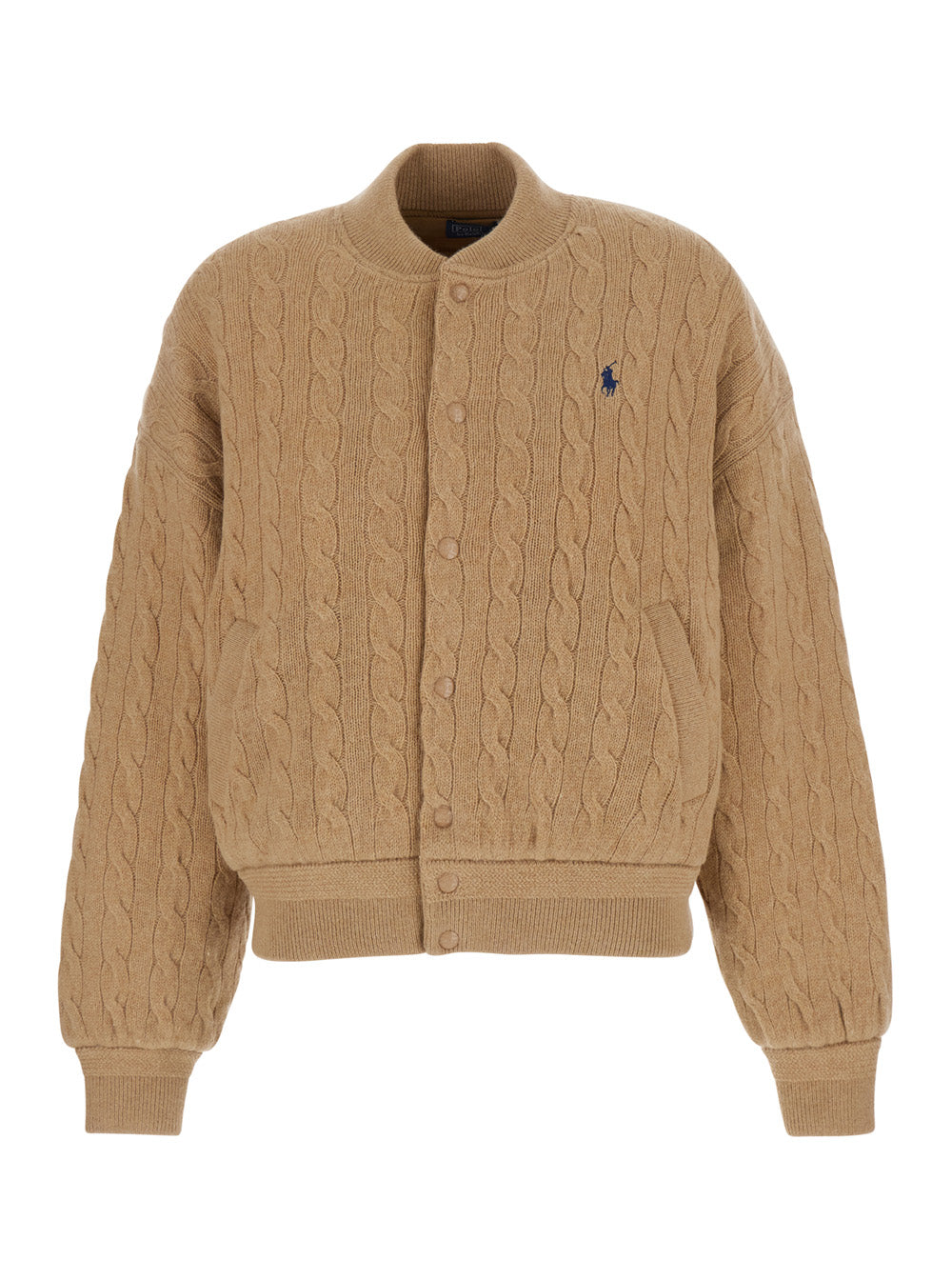 Beige Cable Knit Bomber Jacket With Pony Embroidery On The Front Wool And Cashmere Woman