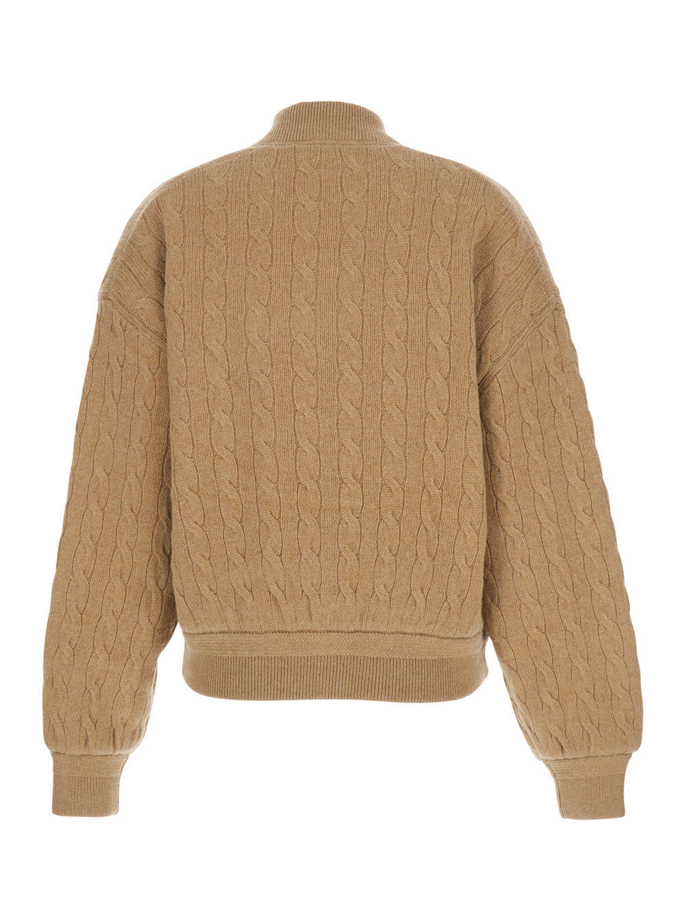 Beige Cable Knit Bomber Jacket With Pony Embroidery On The Front Wool And Cashmere Woman