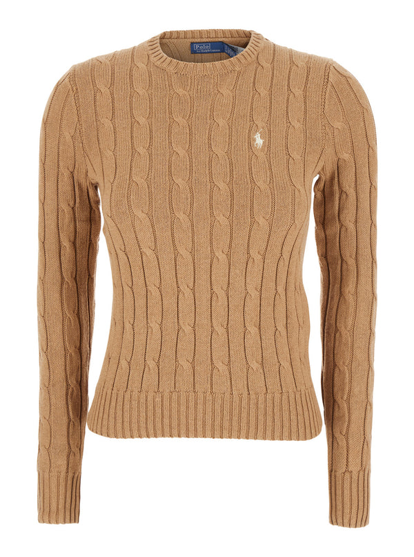 Beige Sweater With Embroidered Pony Detail Cotton Tops