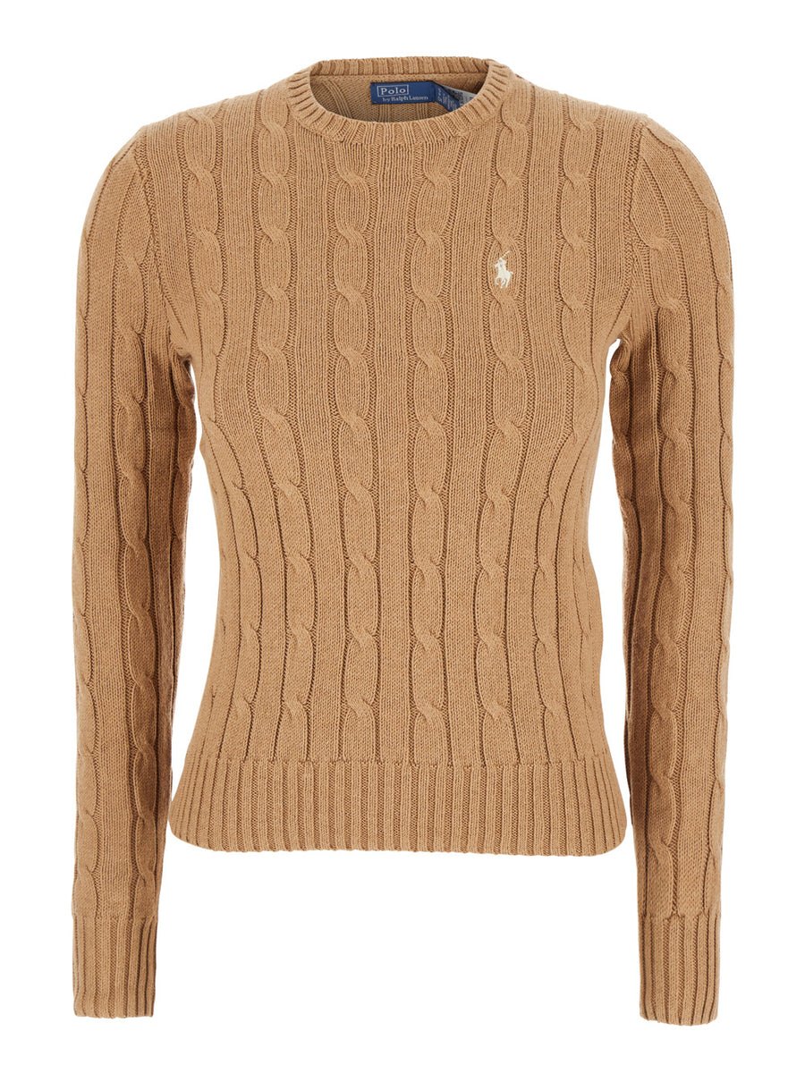 Beige Sweater With Embroidered Pony Detail Cotton Tops