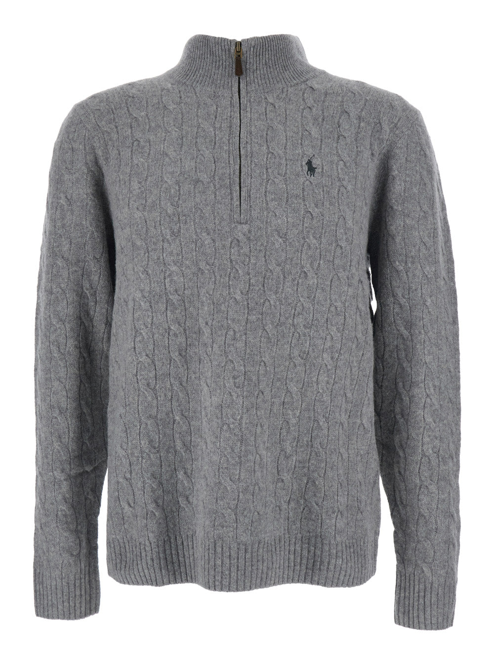 Grey Cable Knit Sweater With Half Zip Closure And Pony Embroidery On The Front Wool Cashmere Man Jersey