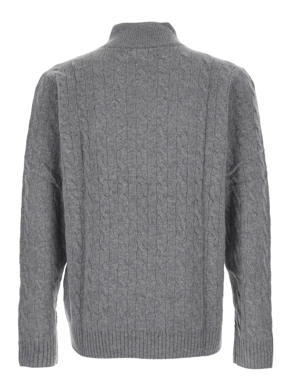 Grey Cable Knit Sweater With Half Zip Closure And Pony Embroidery On The Front Wool Cashmere Man Jersey