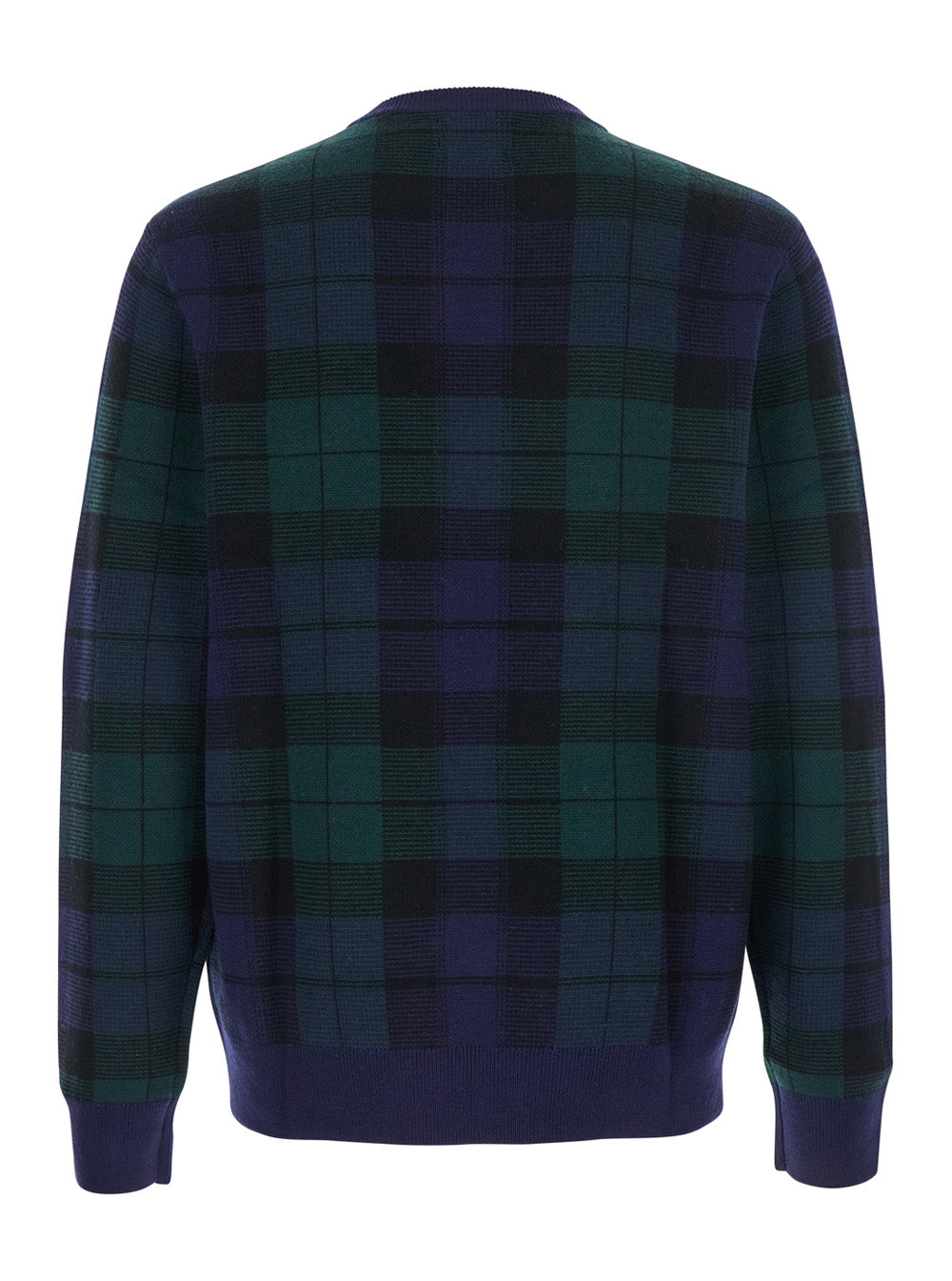 Blue Crewneck Sweater with Pony Embroidery on the Front and All-Over Check Motif in Wool Man Blu Jersey