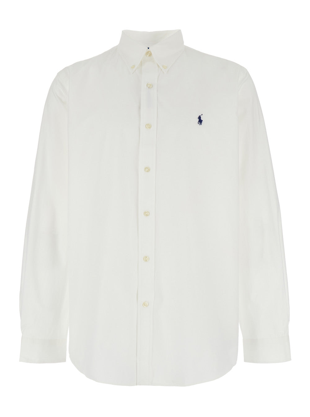 Custom Fit White Shirt with Button-Down Colllar and Pony Embroidery on the Front in Cotton Popeline Stretch Woman Elastane Blouses