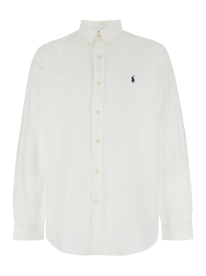 Custom Fit White Shirt with Button-Down Colllar and Pony Embroidery on the Front in Cotton Popeline Stretch Woman Elastane Blouses