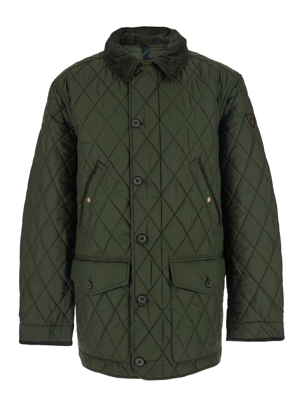 Green Jacket with Corduroy Collar and Logo Patch on the Sleeve in Cotton Man Outerwear