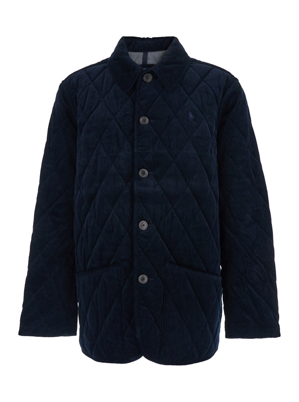 Blue Jacket with Classic Collar and Pony Embroidery on the Front in Quilted Corduroy Man Blu Cotton Outerwear