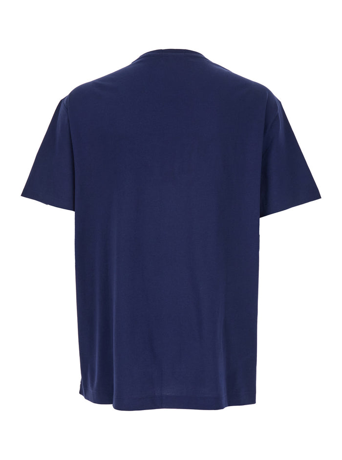 Blue Crewneck T-Shirt with Logo Lettering on the Fornt and Pony Embroidery Front in Cotton Man Blu Tshirts Polo Shirts