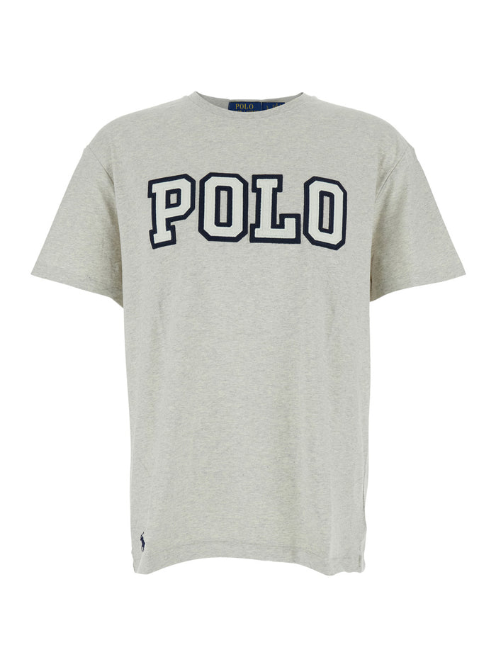 Grey Crewneck T-Shirt with Logo Print on the Front in Cotton Man Tshirts And Polo Shirts