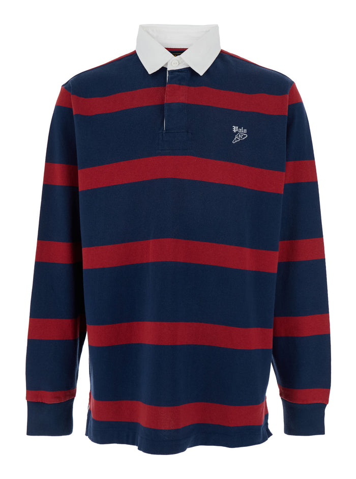 Rugby Multicolor Polo Shirt with Logo Embroidery on the Front and All-Over Striped Motif in Cotton Man Tshirts