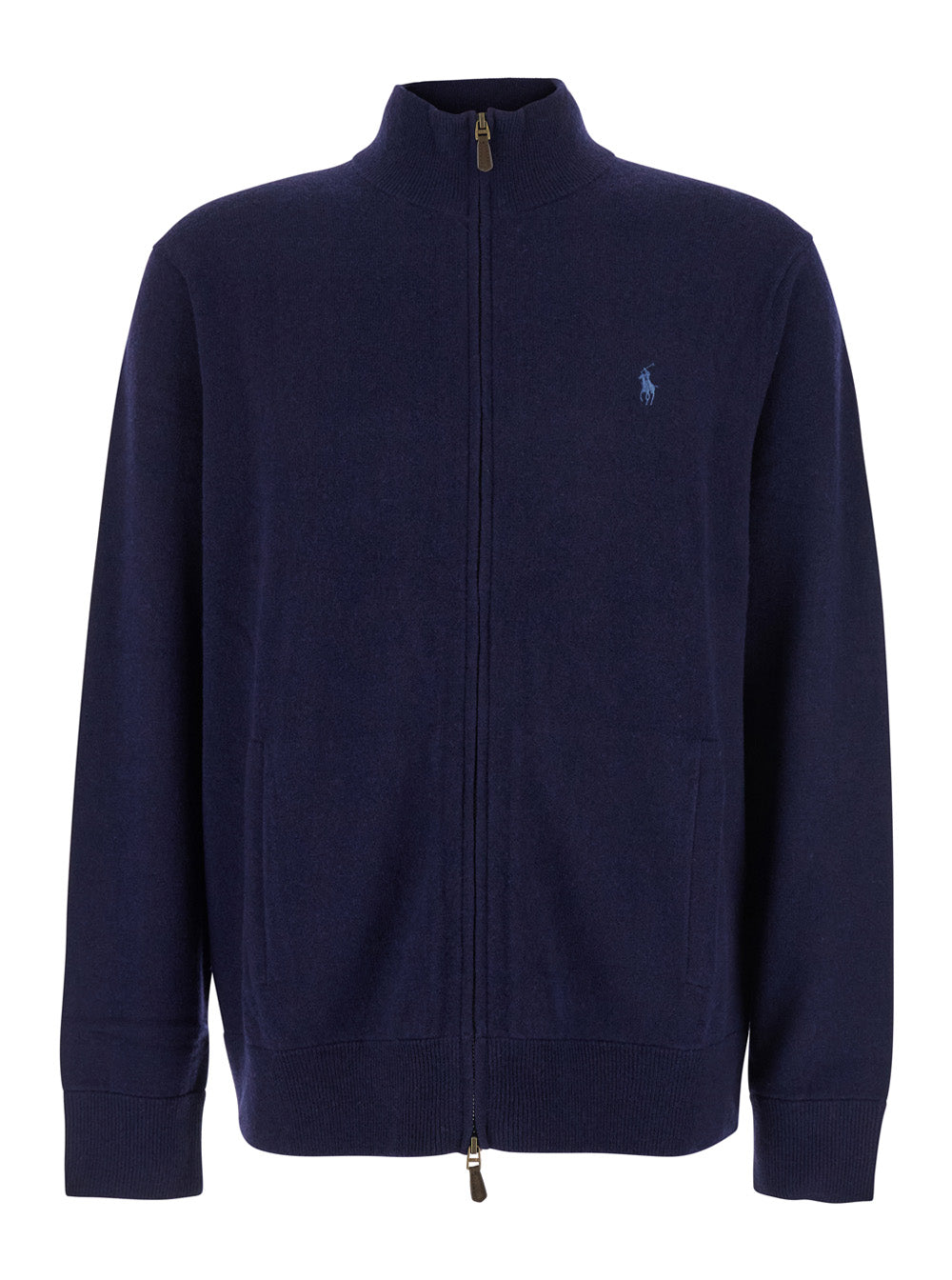 Blue Cardigan With High Neck And Pony Embroidery On The Front Wool Man Blu Jersey