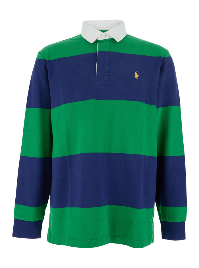 Rugby Fit Multicolor Polo Shirt with Logo Embroidery on the Front and All-Over Striped Motif in Cotton Man Tshirts