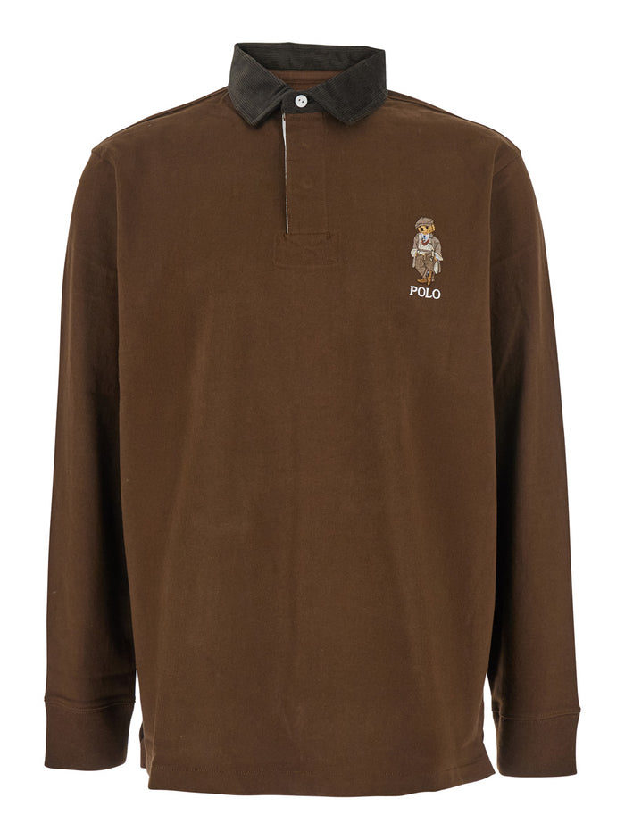 Classic Fit Brown Polo Shirt with Corduroy Collar and Logo Embroidery on the Front in Cotton Man Tshirts