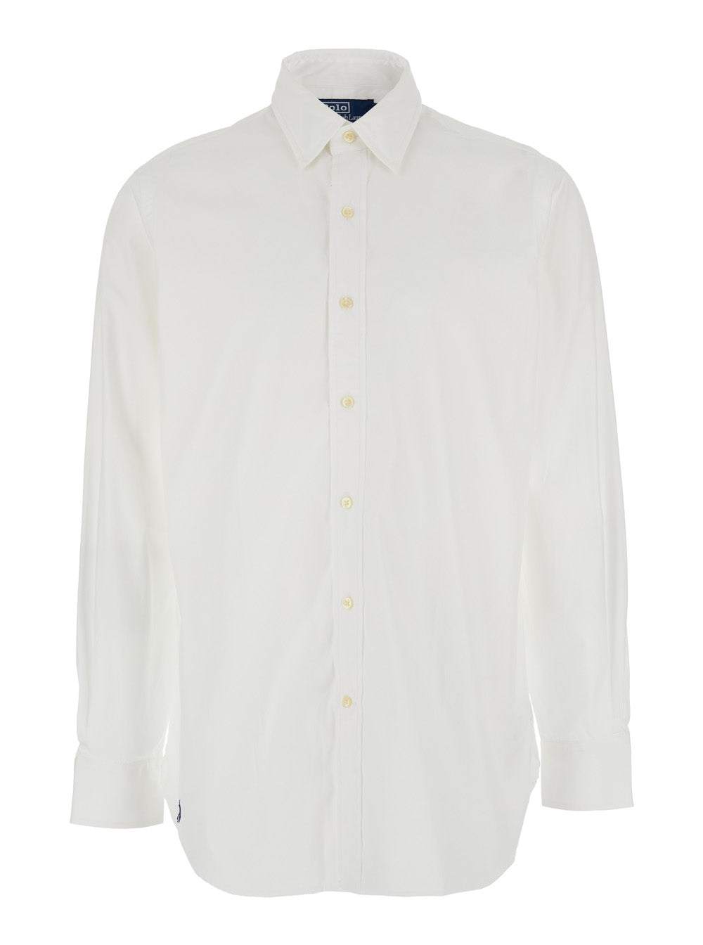 Custom Fit White Shirt with Pointed Collar and Contrasting Pony Embroidery on the Side in Cotton Man Blouses
