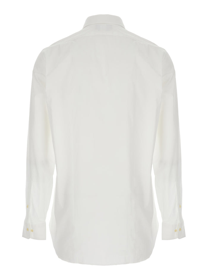 Custom Fit White Shirt with Pointed Collar and Contrasting Pony Embroidery on the Side in Cotton Man Blouses