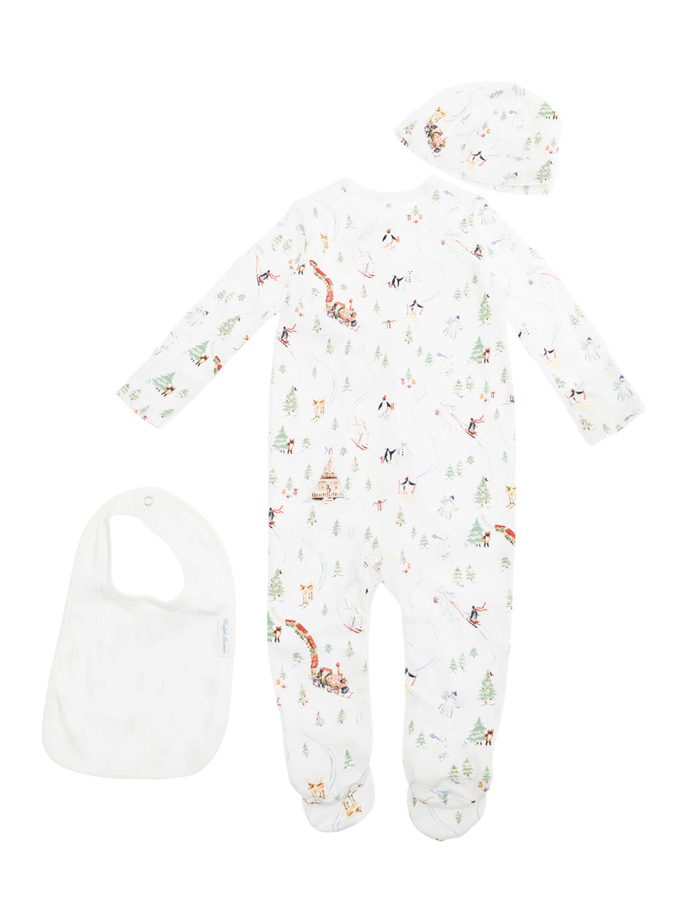 Multicolor One-Piece with Matching Beanie and Bib All-Over Polo Bear Print in Cotton Baby Pink Suits