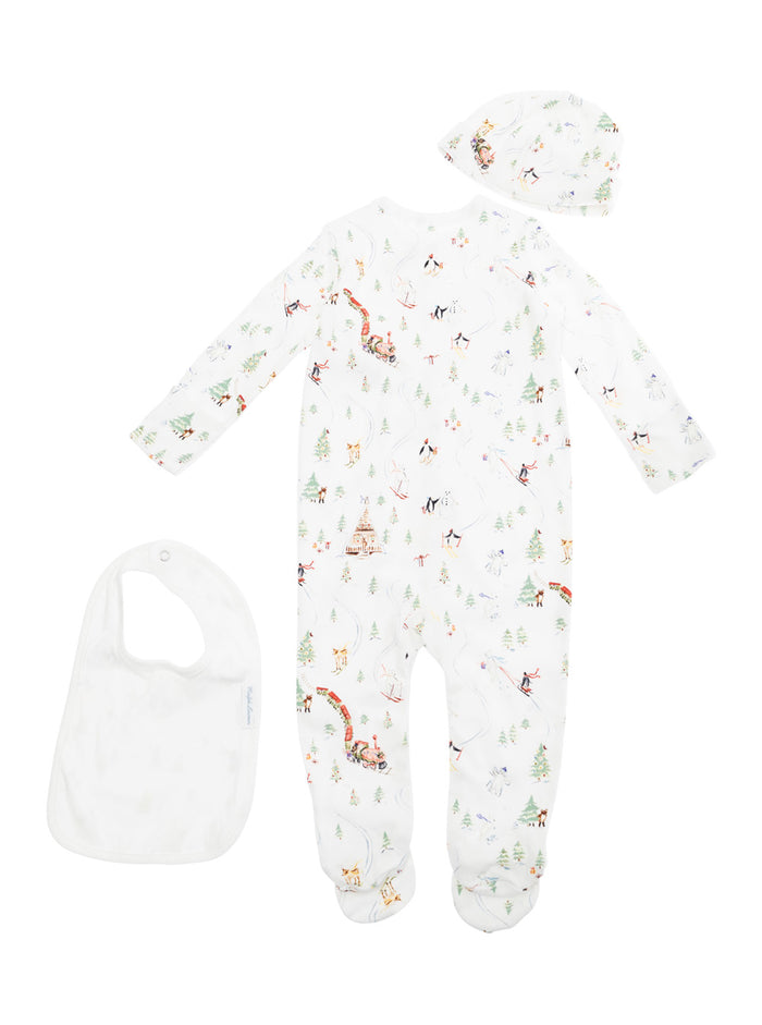 Multicolor One-Piece with Matching Beanie and Bib All-Over Polo Bear Print in Cotton Baby Pink Suits