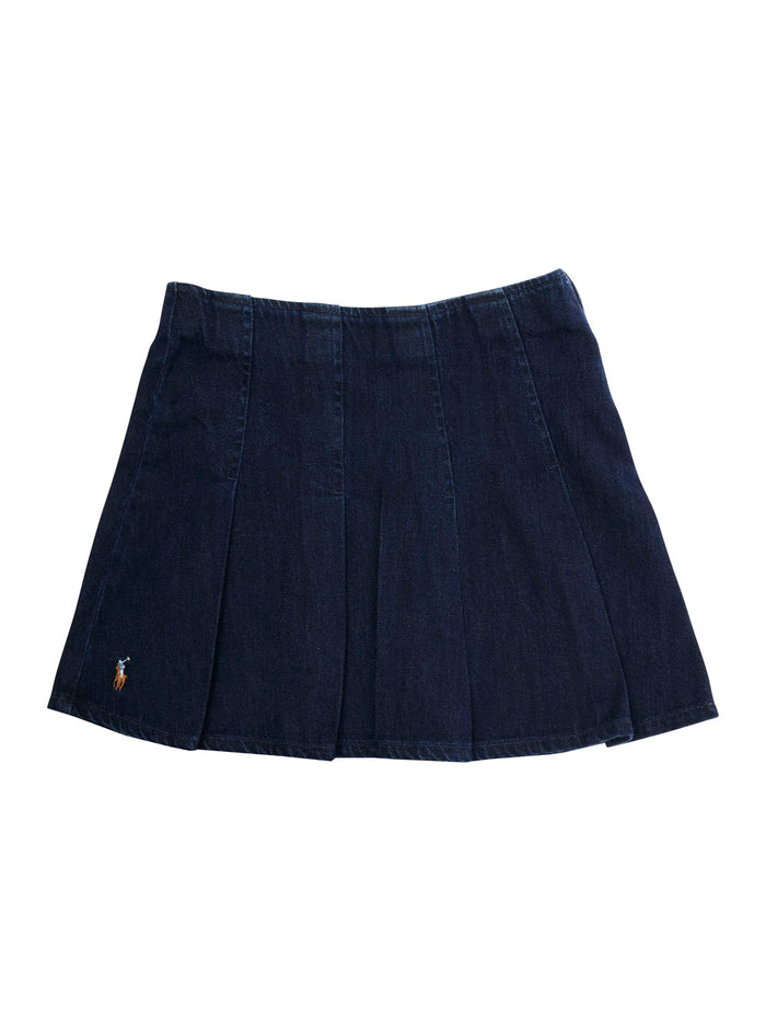 Blue Pleated Skirt With Pony Embroidery On The Front Denim Girl Blu Cotton
