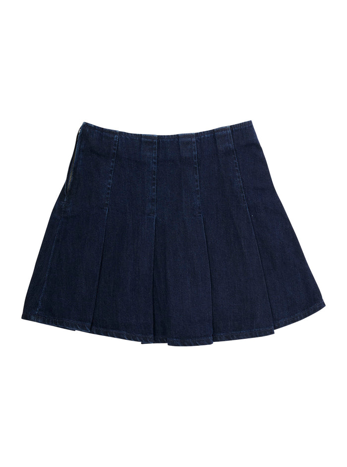 Blue Pleated Skirt With Pony Embroidery On The Front Denim Girl Blu Cotton