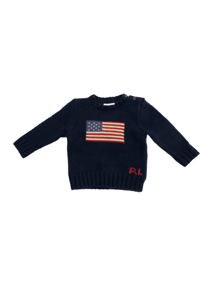 Blue Crewneck Sweater with Embroidery on the Front and Button Closure Sleeve in Cotton Baby Blu Jersey