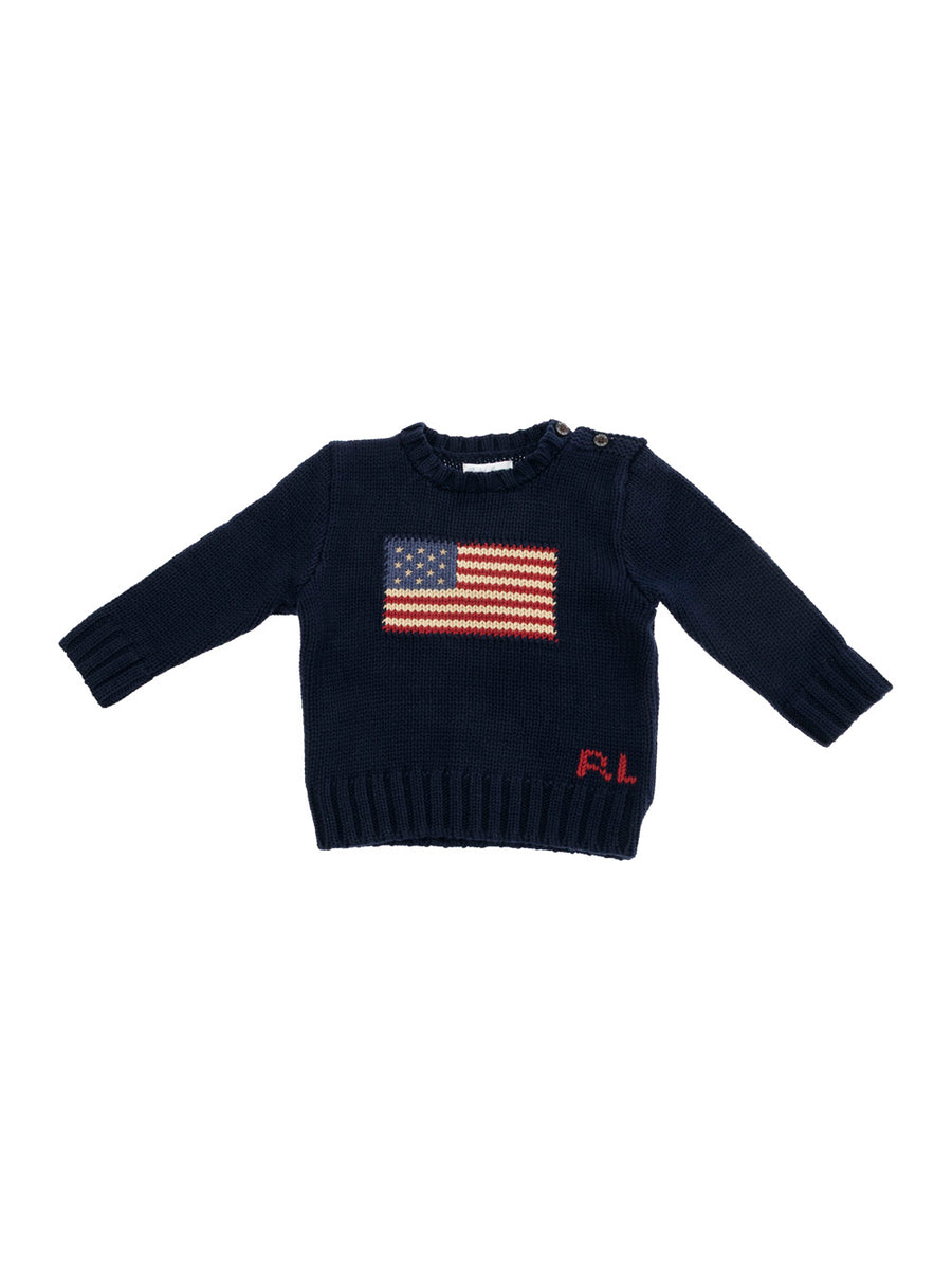 Blue Crewneck Sweater With Front Embroidery Cotton Tops