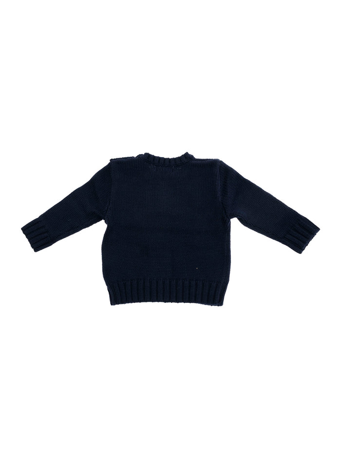 Blue Crewneck Sweater with Embroidery on the Front and Button Closure Sleeve in Cotton Baby Blu Jersey