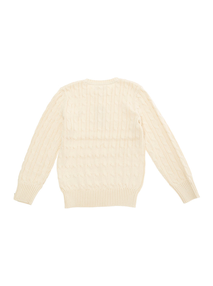 Beige Cable Knit Sweater With Pony Embroidery Boy White Cotton Jersey